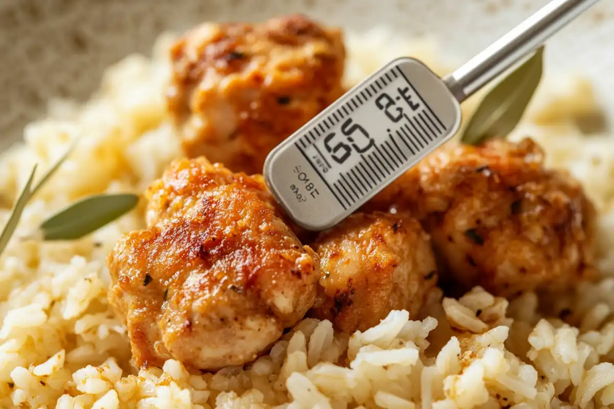 Meat thermometer showing 165°F in cooked chicken on rice.