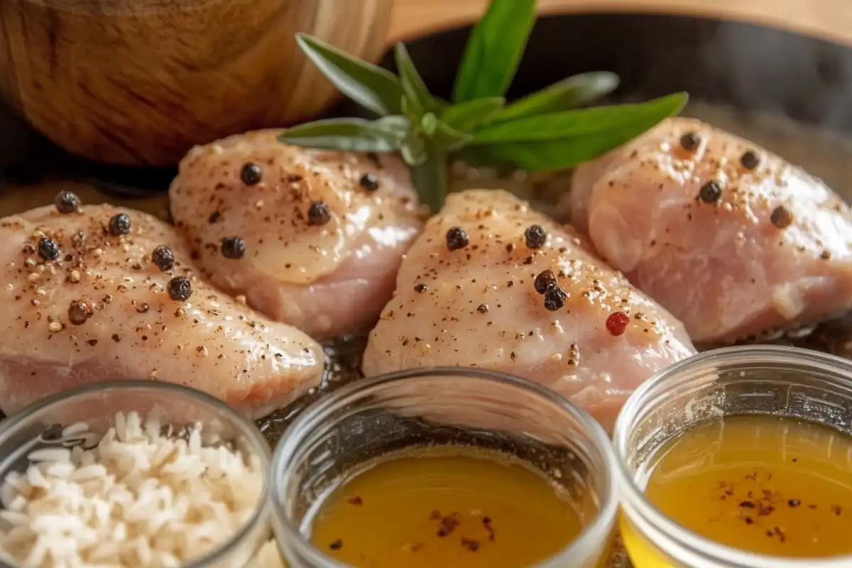 Partially seared chicken in a pan with rice and broth ready to be added.