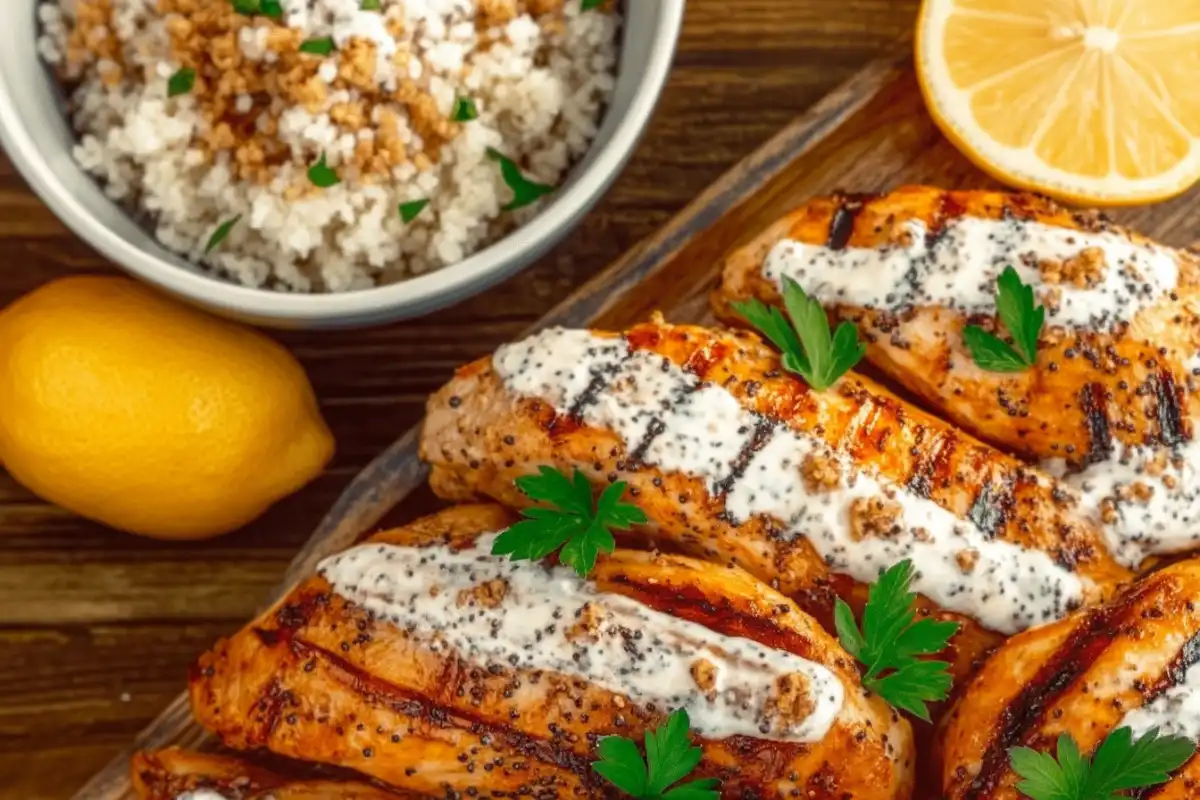 Grilled tahini chicken with creamy sauce and couscous.