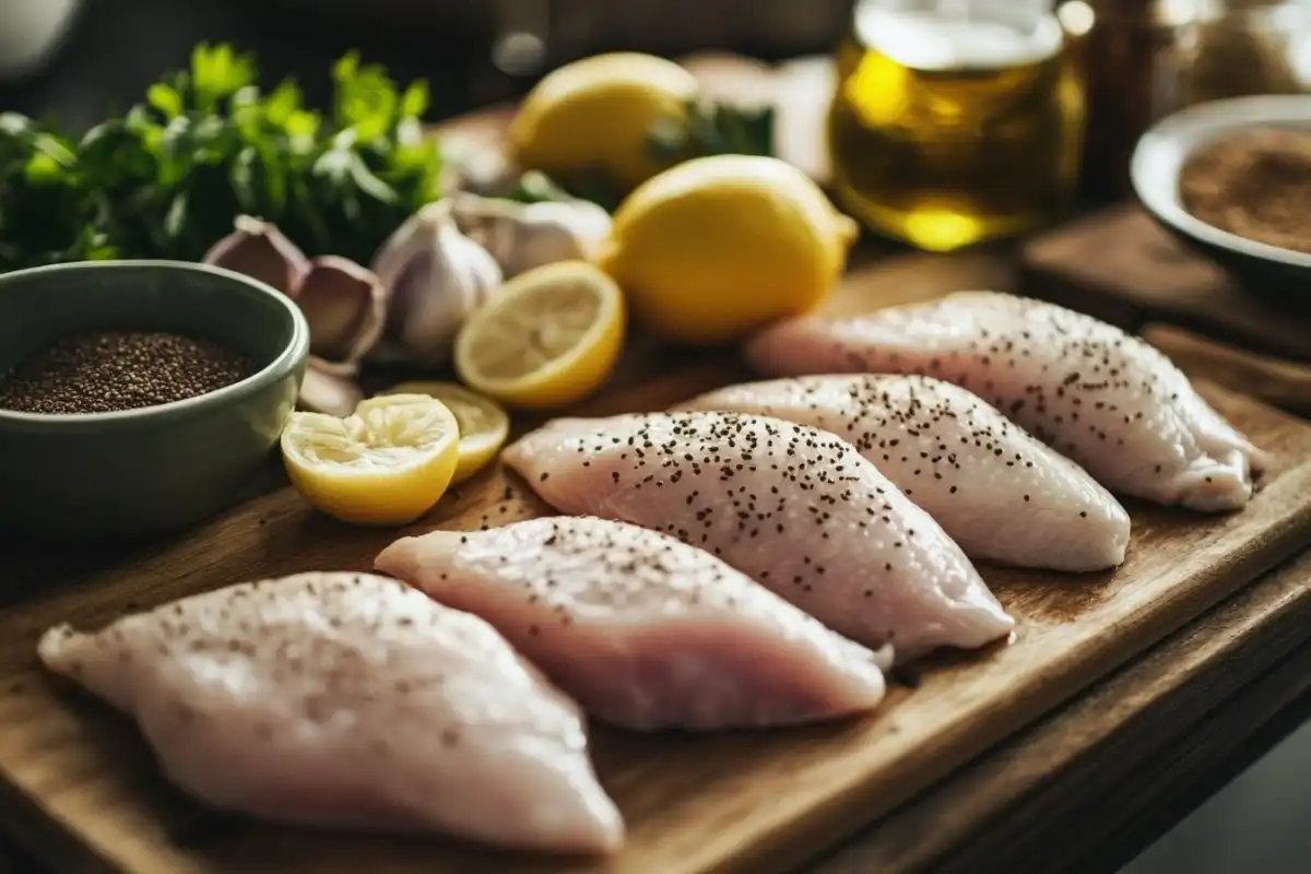 Ingredients for grilled tahini chicken, including tahini, lemon, and chicken breasts. 