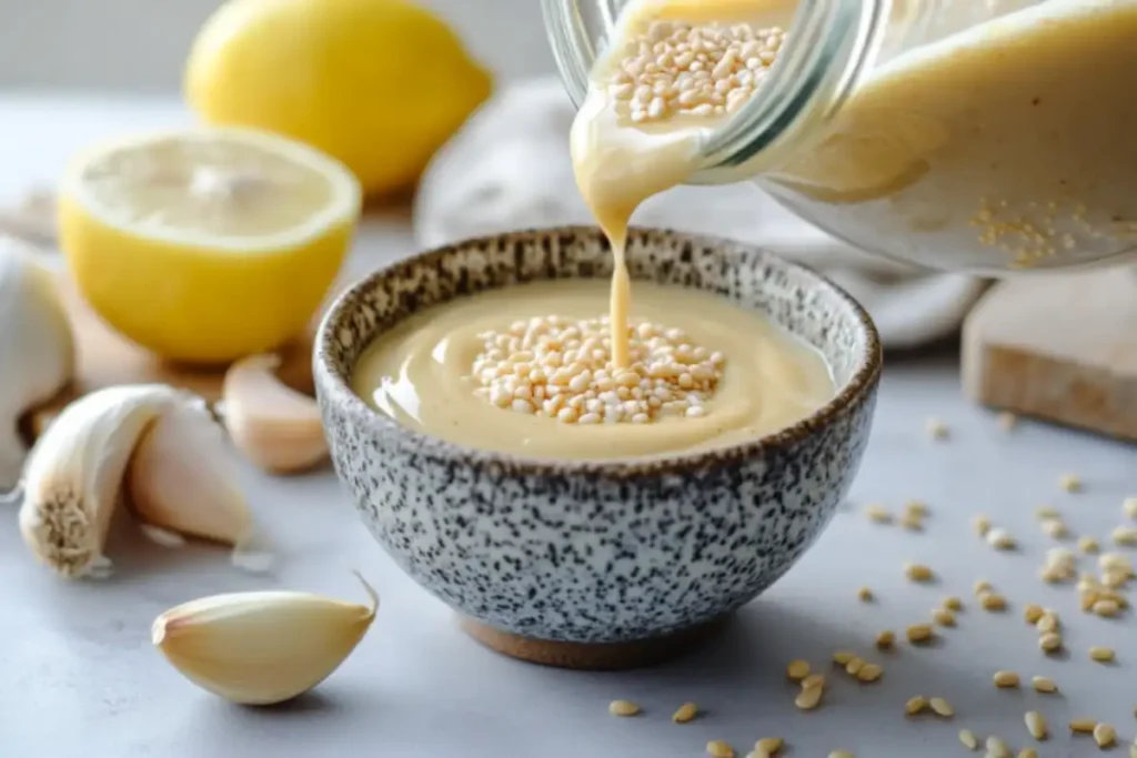 Creamy tahini being poured into a bowl with fresh ingredients around