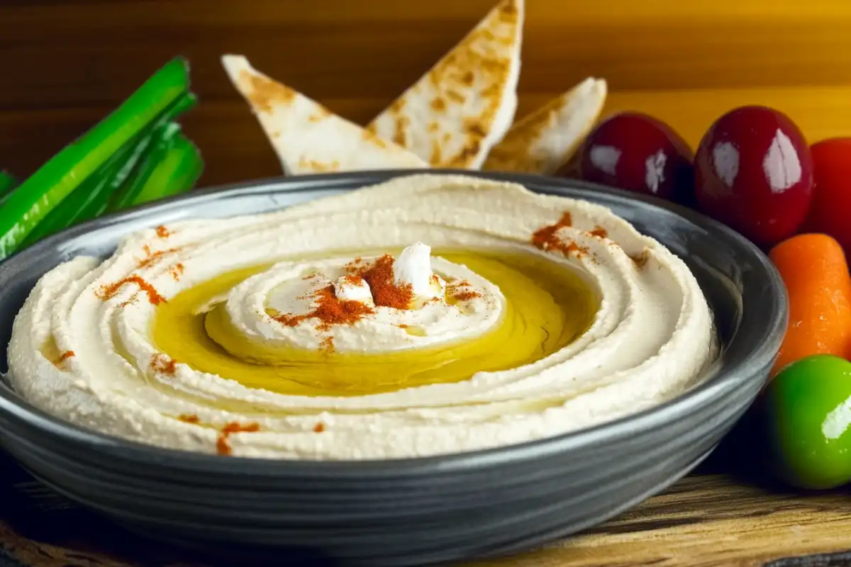 Hummus topped with tahini, olive oil, and paprika, served with pita bread and vegetables