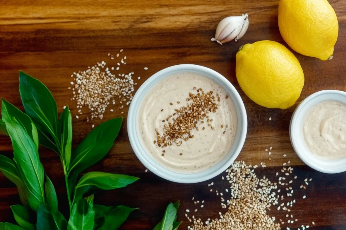 Smooth tahini sauce with ingredients