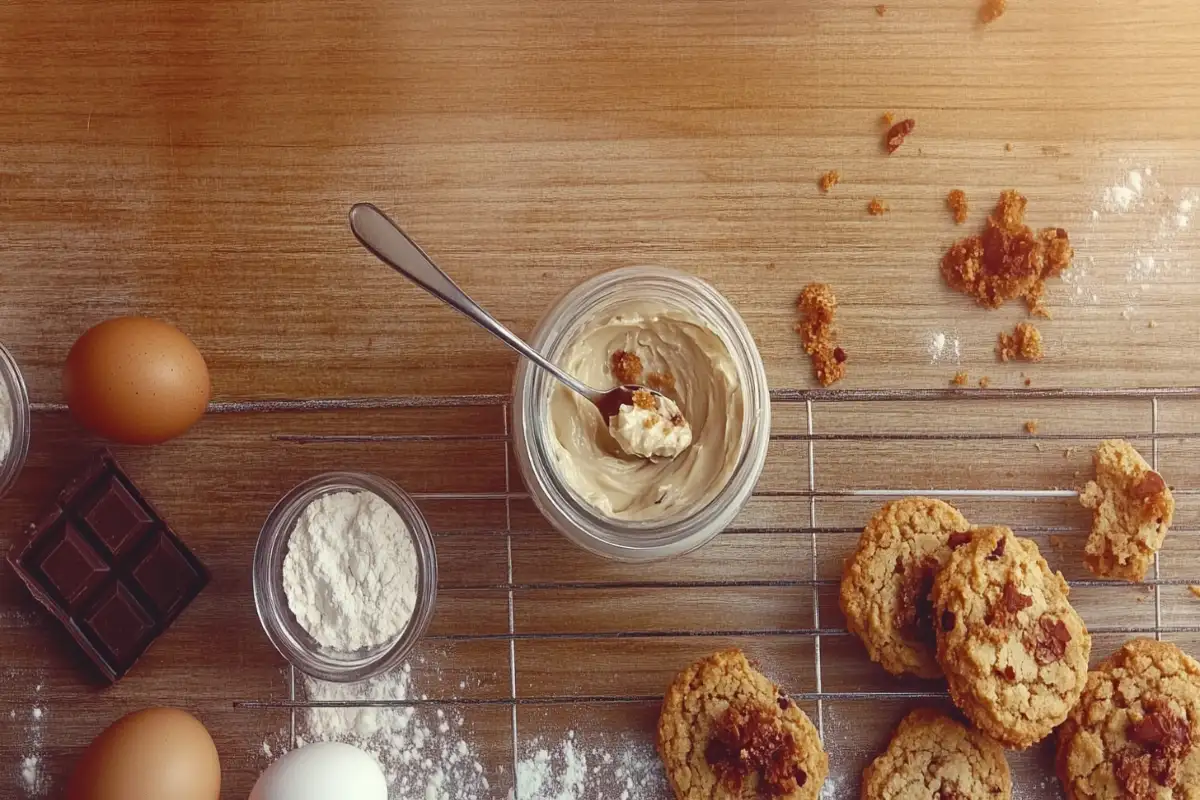 Freshly baked cookies with a jar of tahini