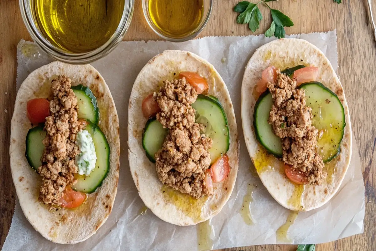 Mediterranean ground chicken pita with fresh vegetables and tzatziki