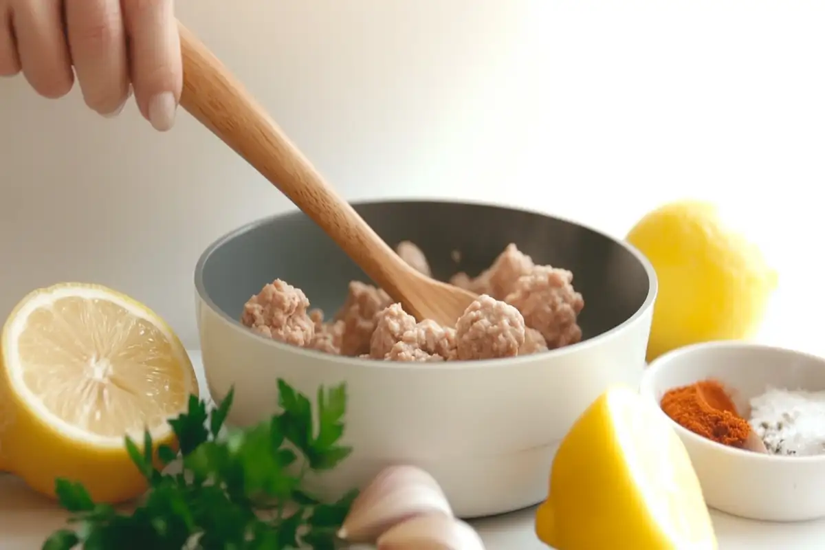 Cooking Mediterranean ground chicken in a skillet with fresh ingredients