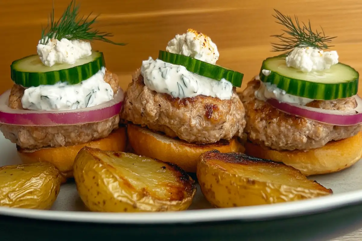 Mediterranean ground chicken burgers with feta, cucumber, and lemon dill yogurt sauce