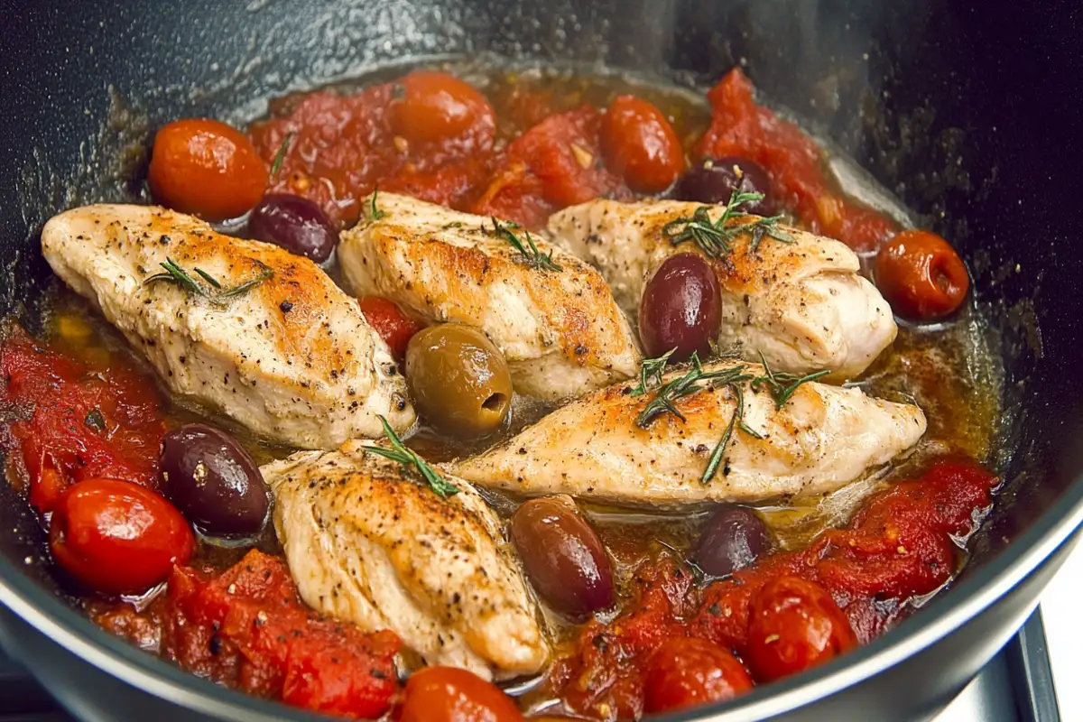 Mediterranean chicken cooking in a skillet with tomatoes and olives