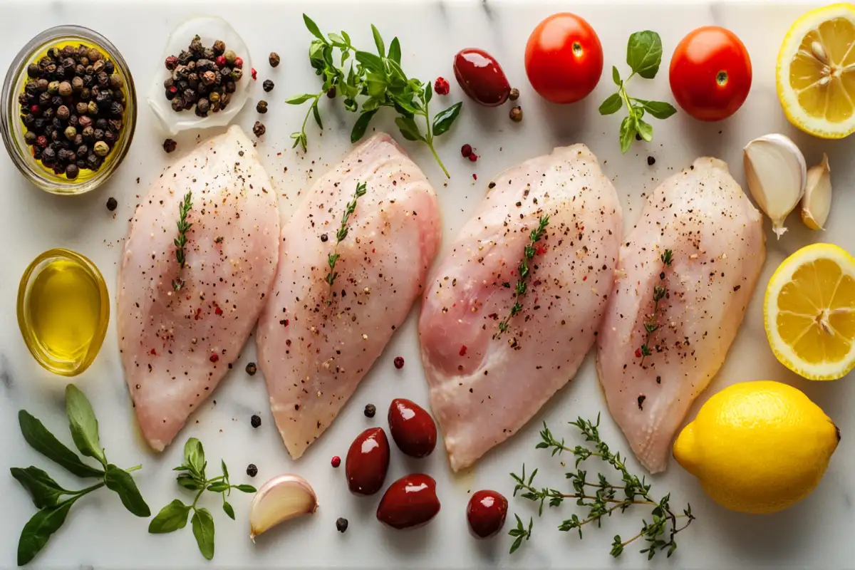 Key ingredients for Mediterranean chicken laid out on a marble countertop