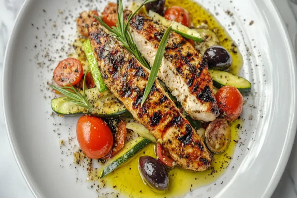 Grilled chicken breast with Mediterranean vegetables and olive oil