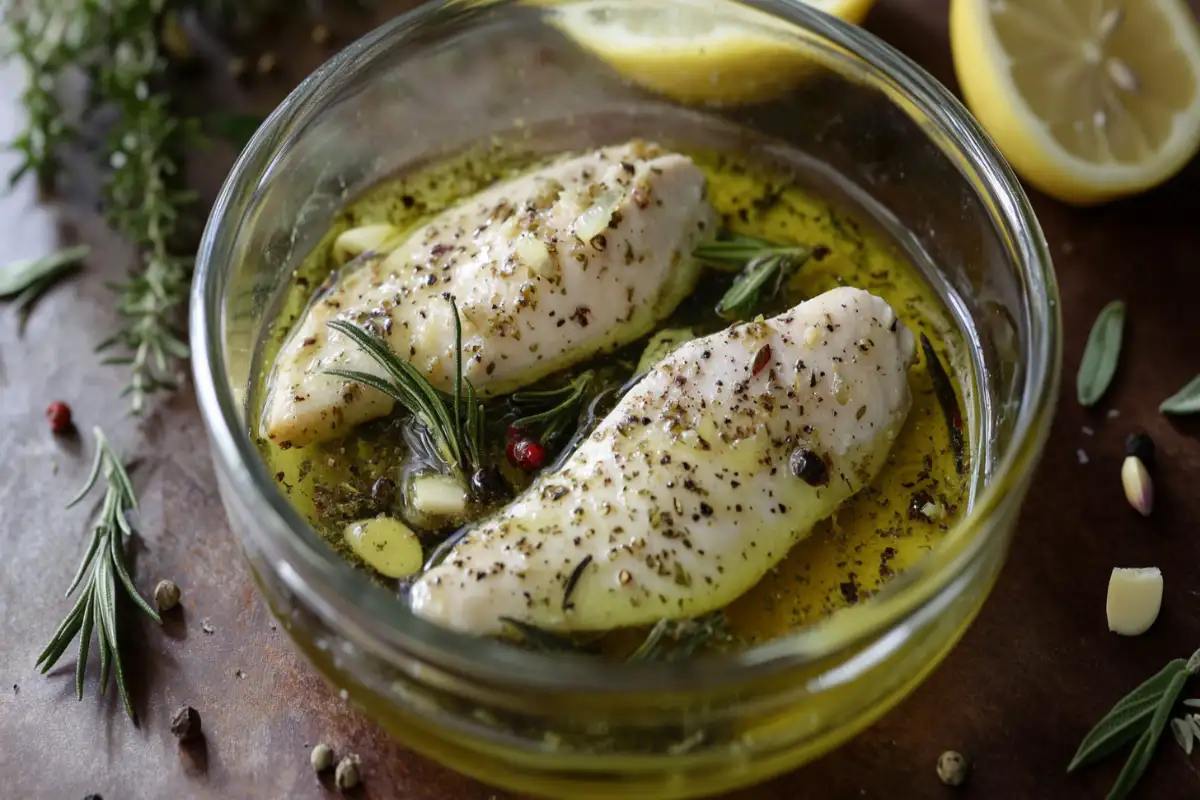 Chicken marinating in olive oil, lemon, and Mediterranean herbs.