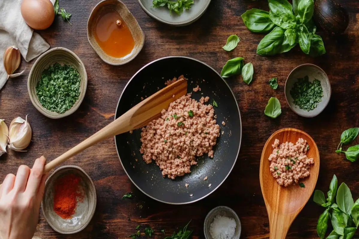 Cooking ground chicken in a pan with herbs.