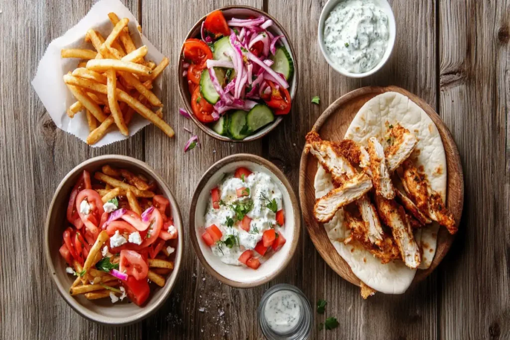 Chicken gyro platter with tzatziki, Greek salad, and Greek fries.