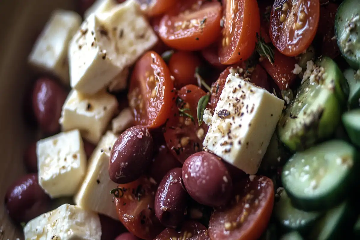 Close-up of a fresh Greek salad with tomatoes, cucumbers, olives, and feta