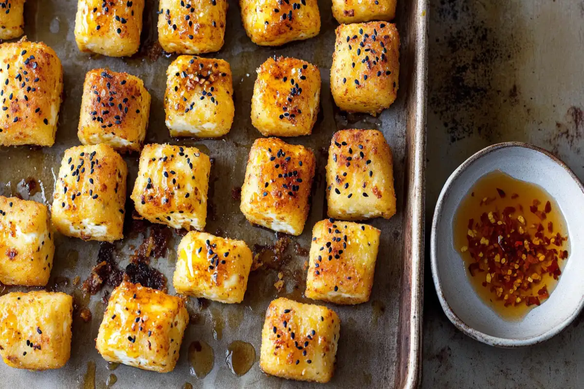 Fried feta rolls with honey chili sauce on a rustic board.