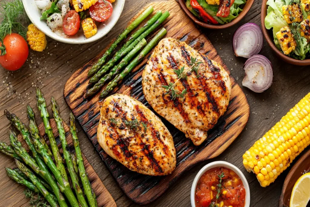 Grilled chicken with vibrant side dishes