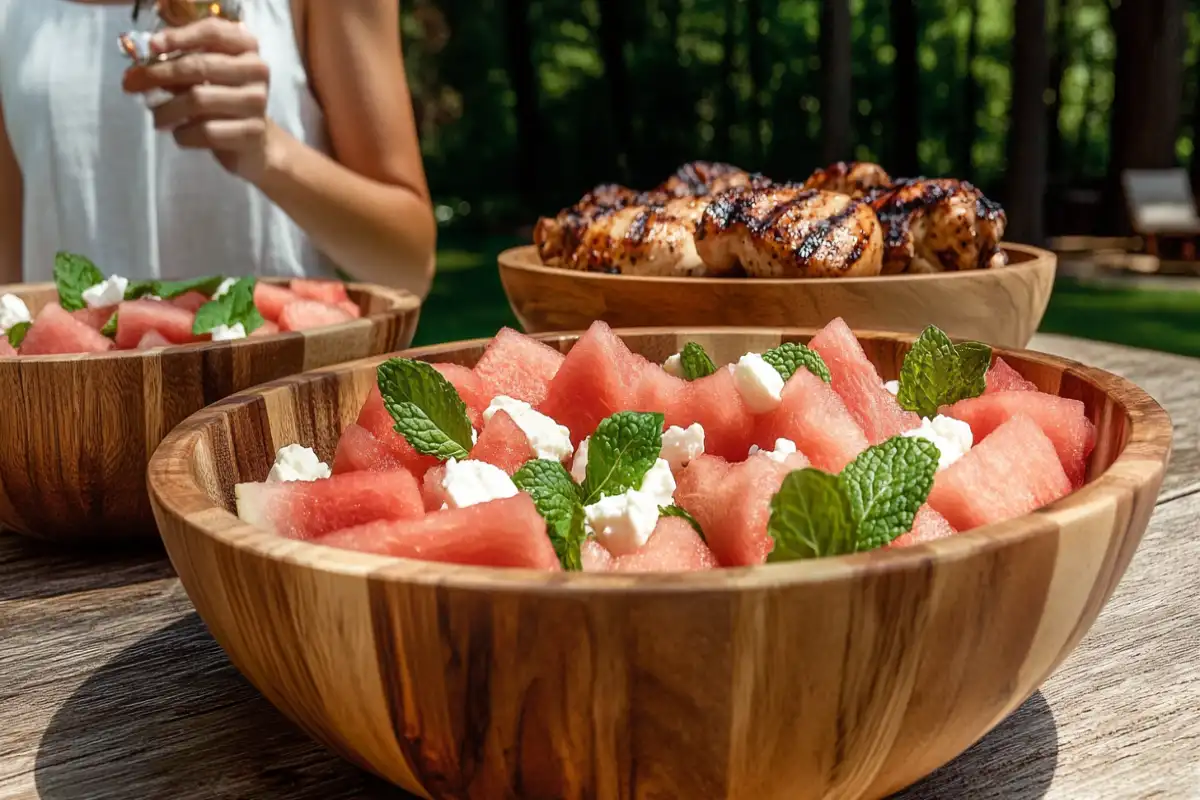 Watermelon and feta salad with grilled chicken