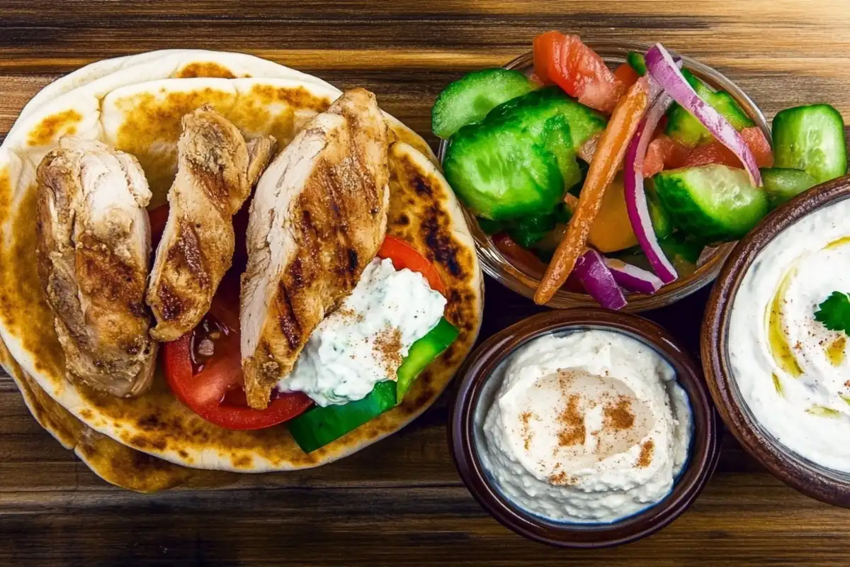 Chicken pita with Greek salad and hummus.