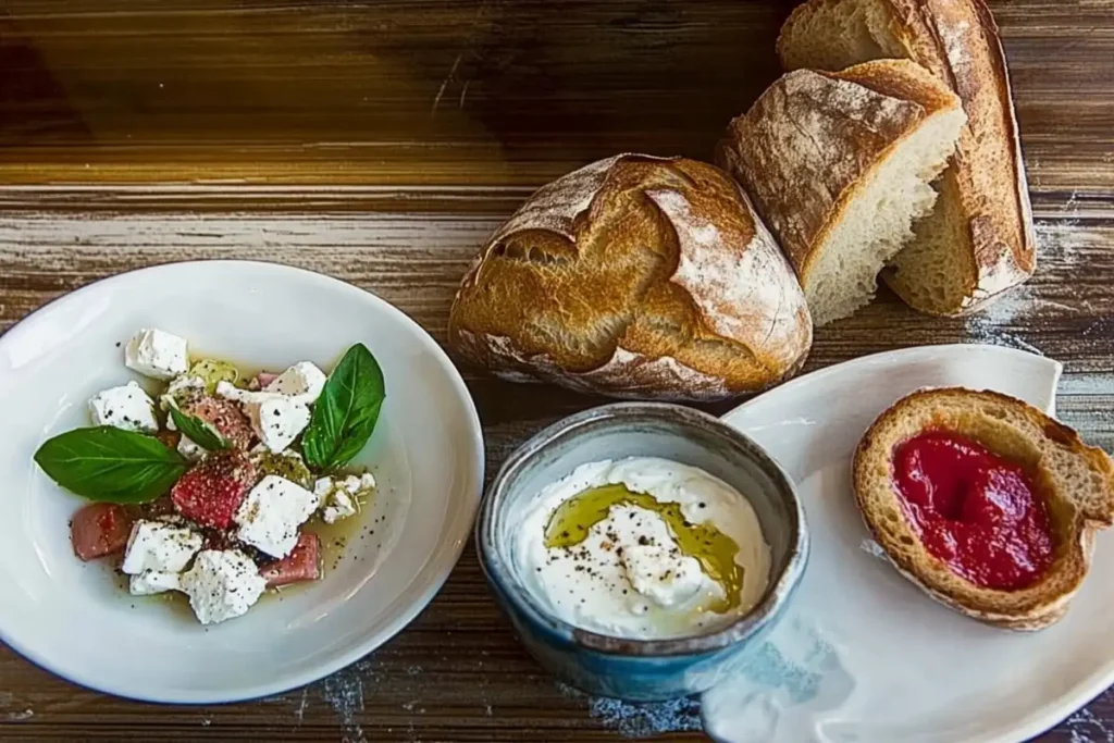 Mediterranean table with feta and tahini dishes