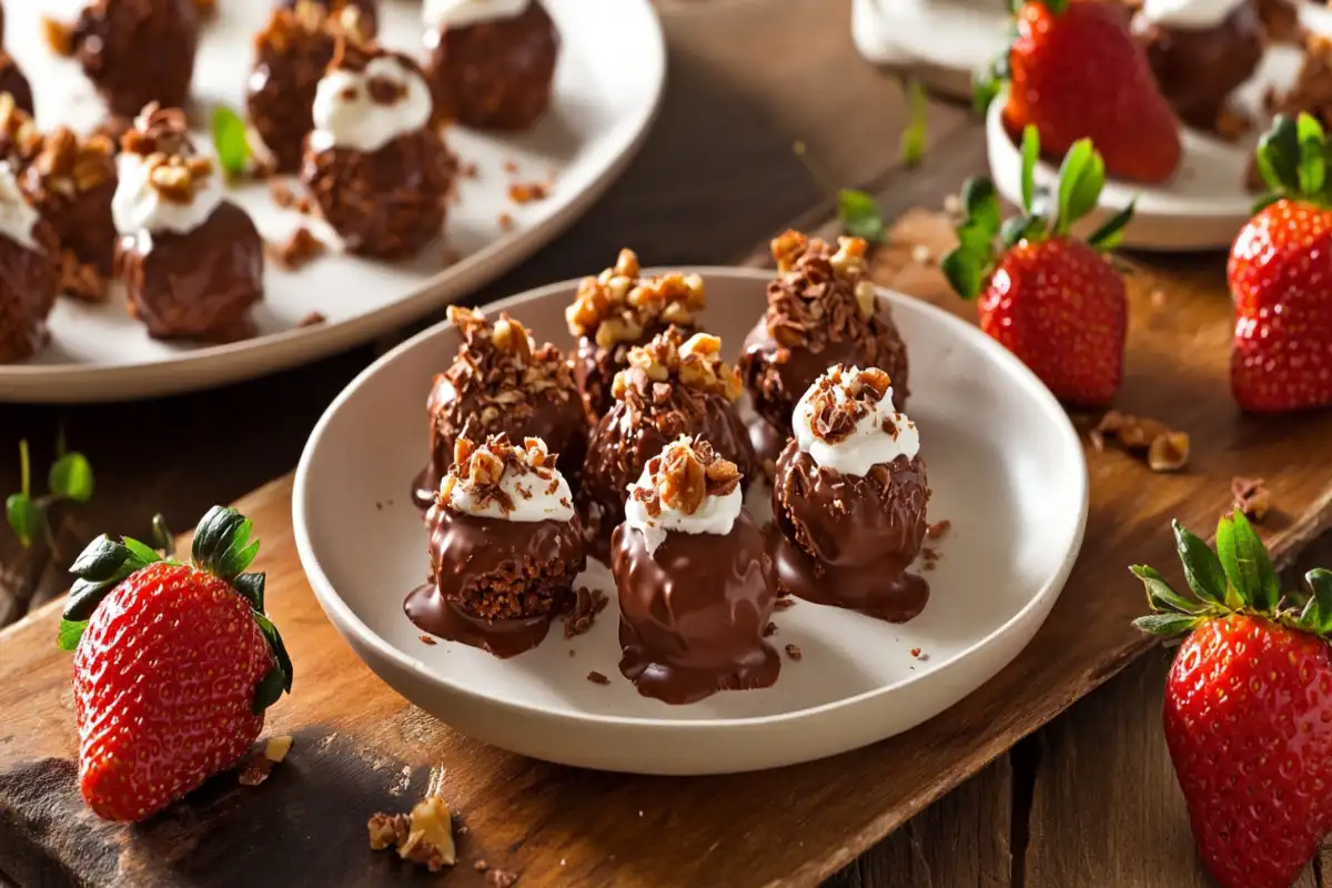 Plate of perfectly dipped chocolate-covered strawberries with toppings on a rustic table.