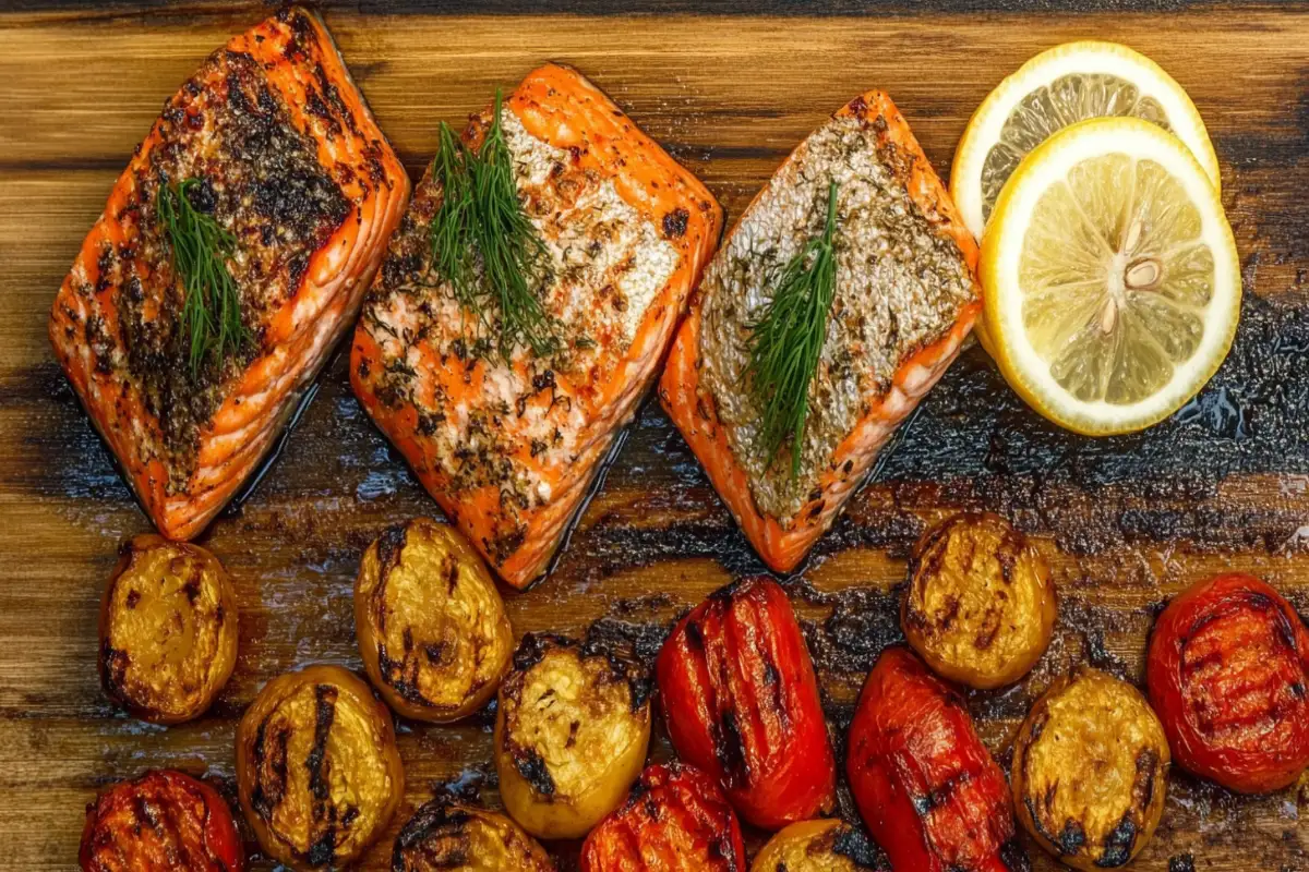 Grilled salmon fillet with lemon and roasted vegetables