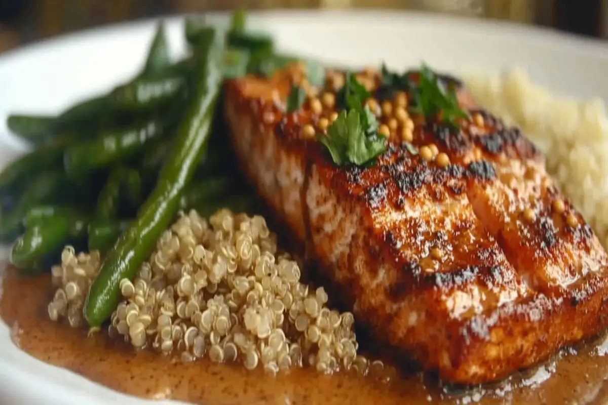 Honey mustard baked salmon with green beans and quinoa