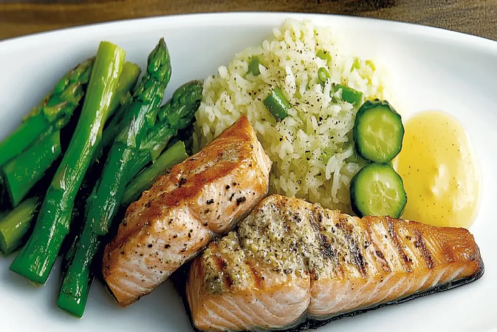 Plate of salmon with roasted vegetables and rice, accompanied by a glass of white wine.