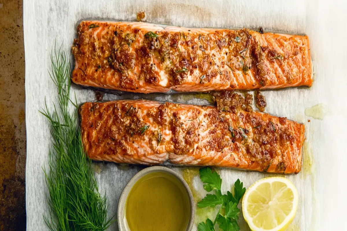 Pan-fried salmon with crispy skin and lemon wedge.