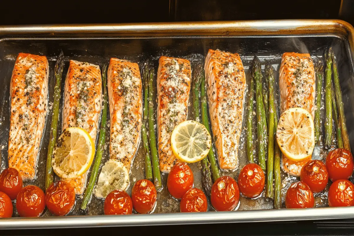 Oven-roasted salmon with vegetables and herbs.