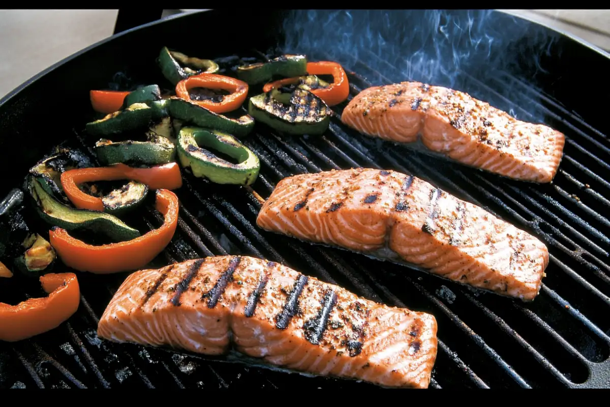 Grilled salmon with grill marks and vegetables on a BBQ.