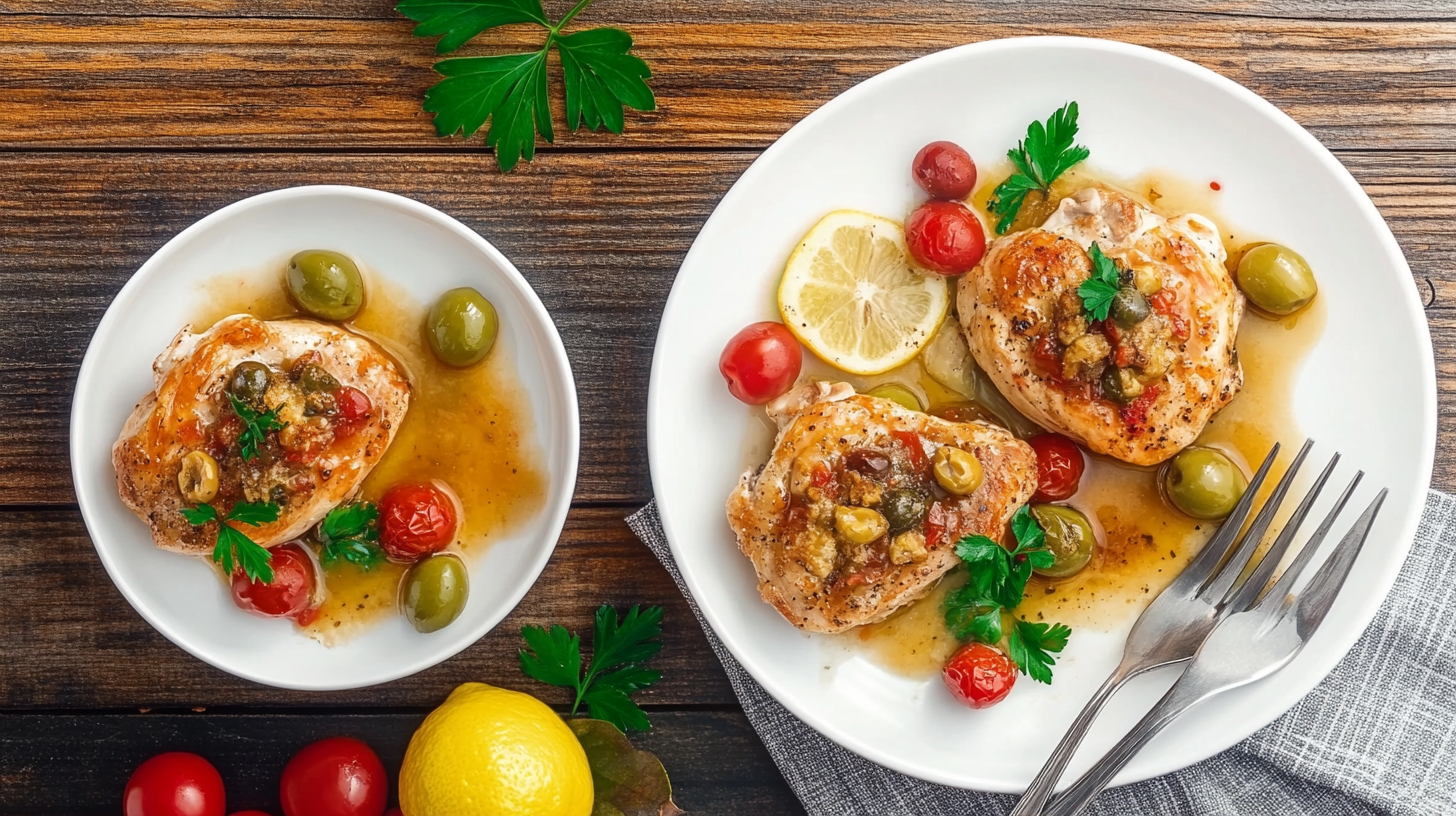 Mediterranean chicken with fresh vegetables and lemon on a rustic table