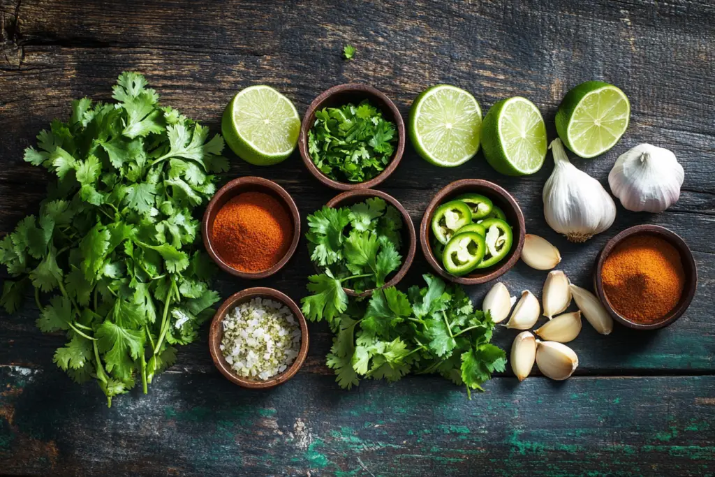 Fresh cilantro and lime with spices on a wooden table.