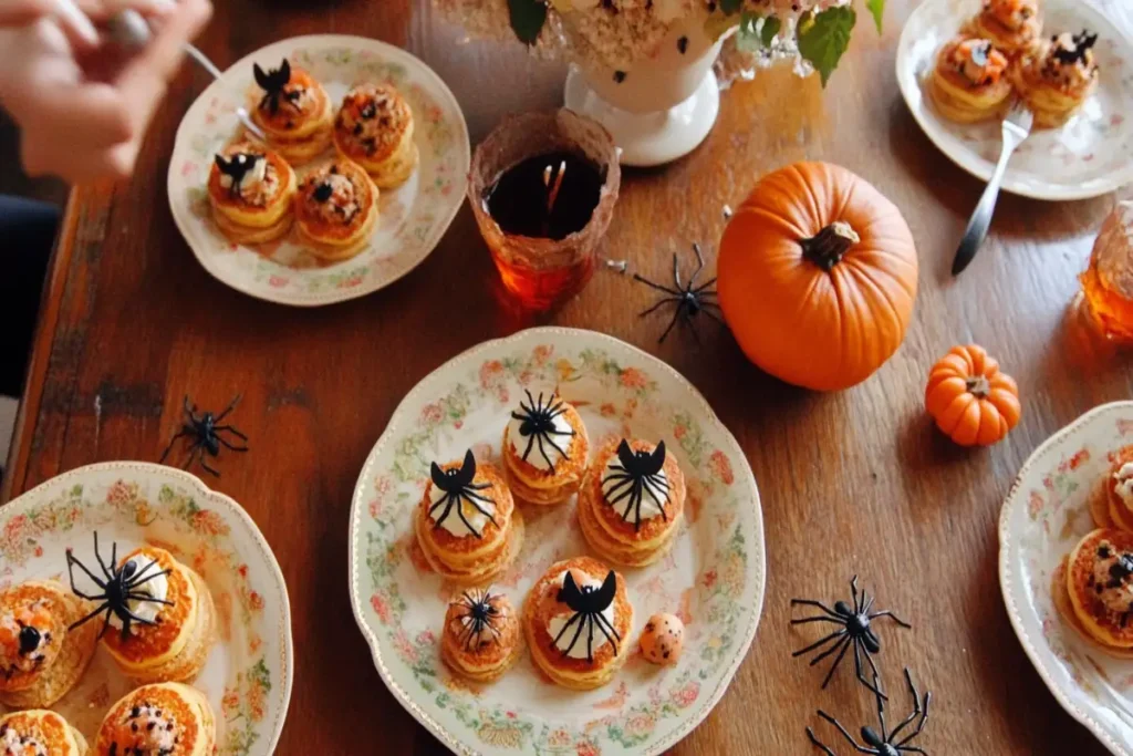 Spooky and fun Halloween-themed breakfast table with creative breakfast dishes