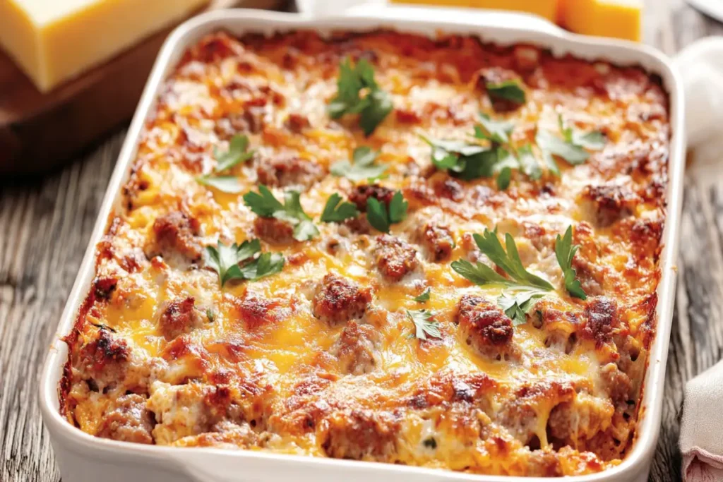 Golden brown sausage breakfast casserole with melted cheese