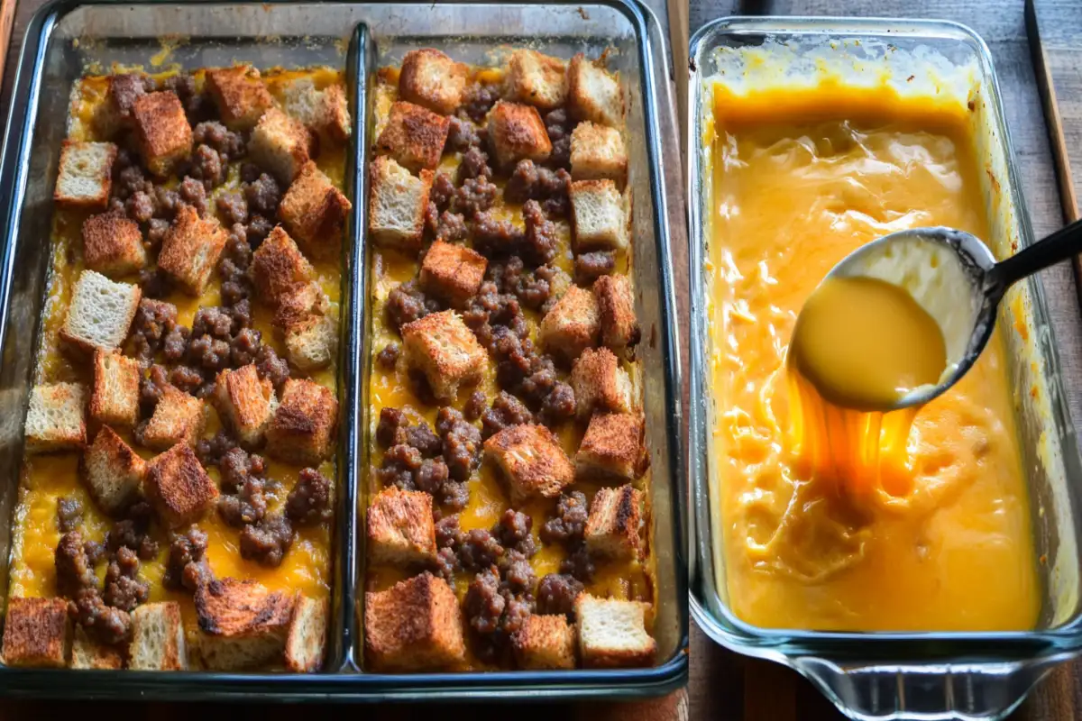 Layering ingredients for a sausage breakfast casserole.