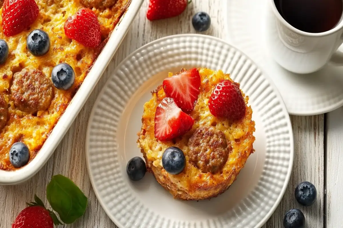 Sausage breakfast casserole served with fresh fruit and coffee