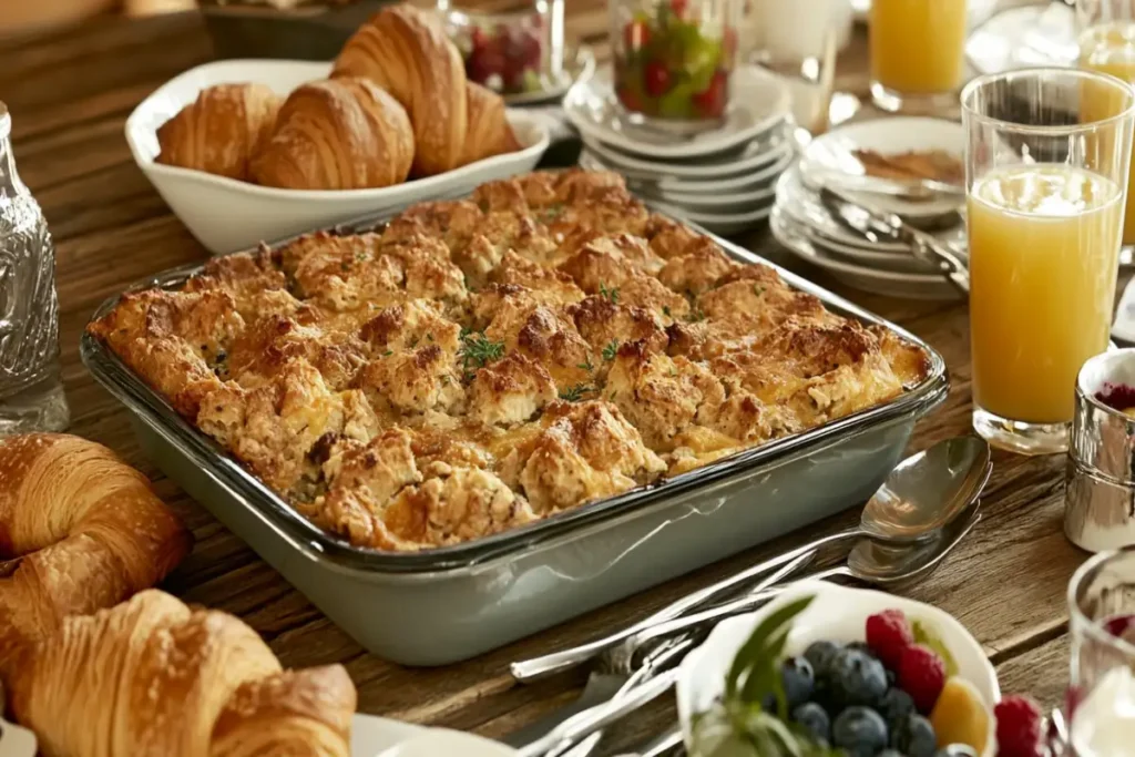 Breakfast casserole with side dishes for a family brunch