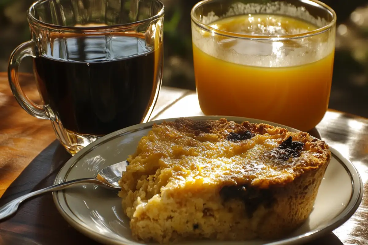 Breakfast casserole with coffee and orange juice