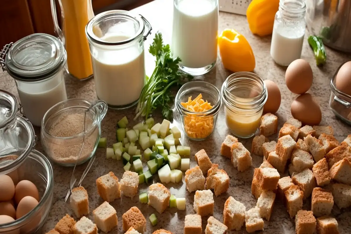 Ingredients for breakfast casserole including eggs, cheese, veggies, and bread cubes.