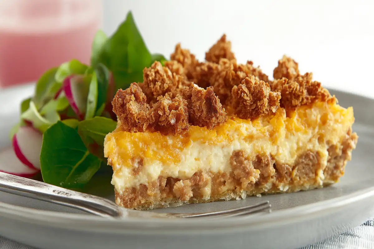 A slice of breakfast casserole with crispy topping served with a side salad.