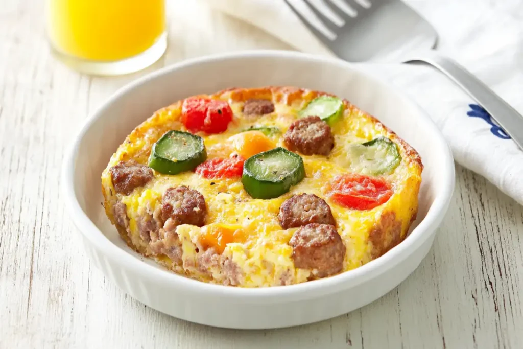 Freshly baked breakfast casserole with eggs, cheese, sausage, and vegetables.