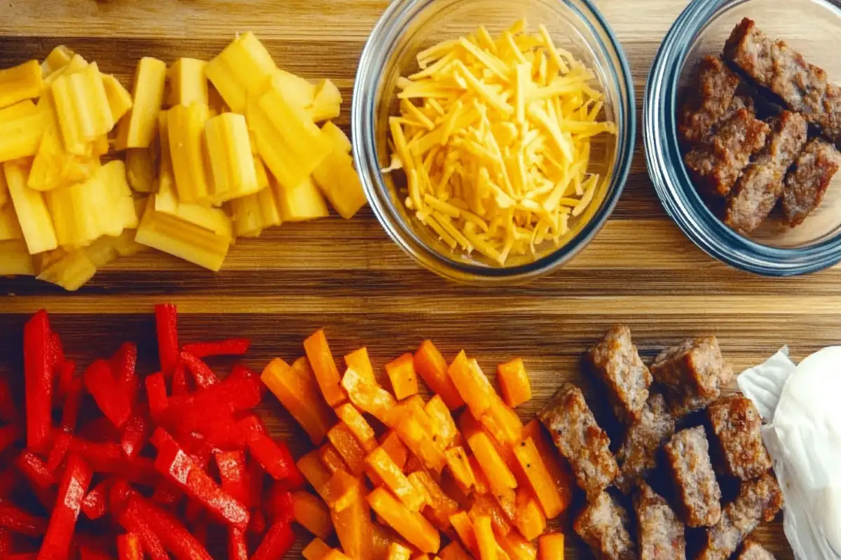 Ingredients for a breakfast casserole: eggs, cheese, bell peppers, onions, and sausage.