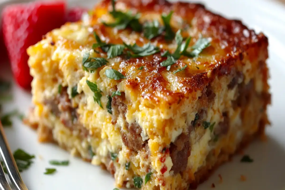 A slice of breakfast casserole with layers of bread, cheese, sausage, and eggs, garnished with fresh herbs."