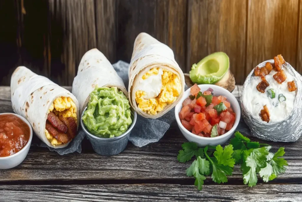 Colorful and appetizing breakfast burrito with eggs, bacon, and cheese