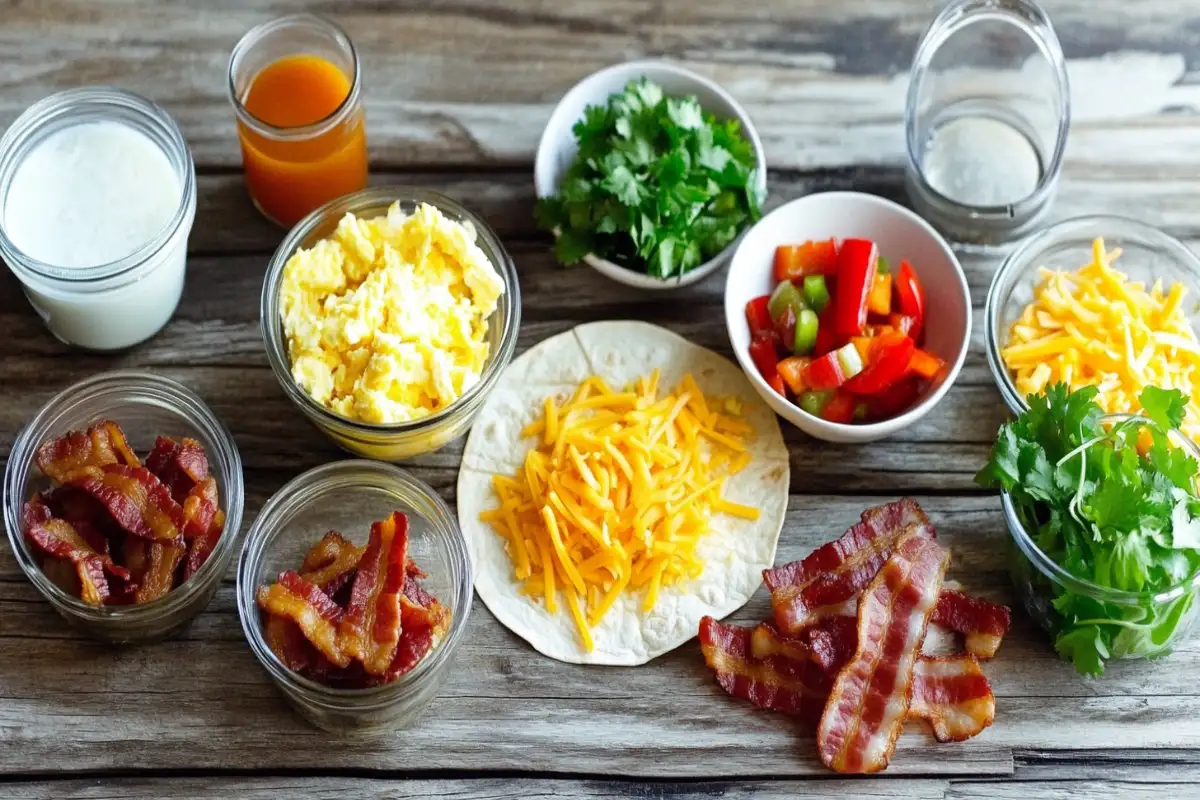 Classic breakfast burrito ingredients laid out on a wooden surface