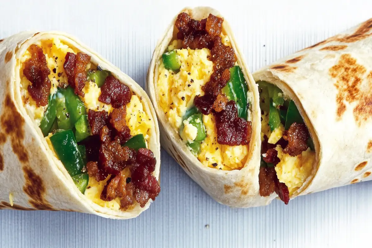 Classic breakfast burrito with eggs, bacon, vegetables, and cheese.