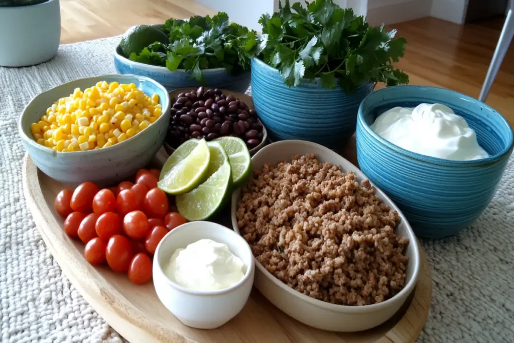 Colorful taco bowl with seasoned meat, rice, beans, vegetables, and garnishes