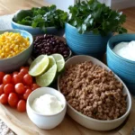 Colorful taco bowl with seasoned meat, rice, beans, vegetables, and garnishes