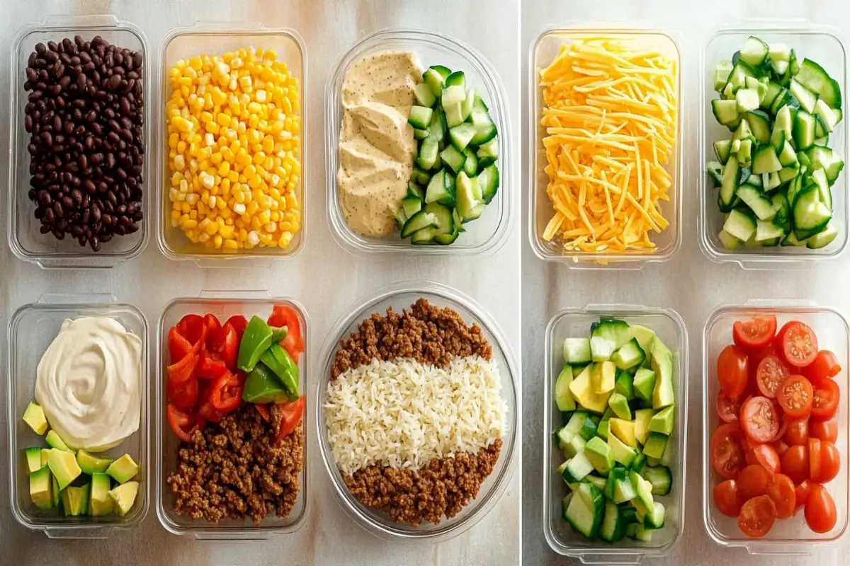 Step-by-step process of assembling a taco bowl with various fresh ingredients