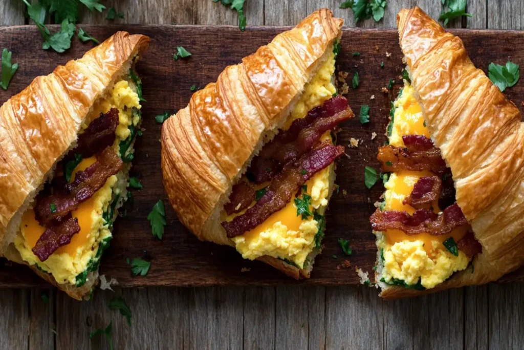 Breakfast croissant with scrambled eggs, cheese, and bacon